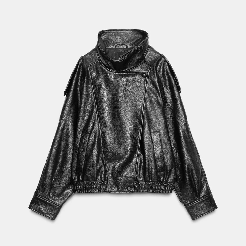 Zara Blaxk Funnel Neck Faux Leather Jacket